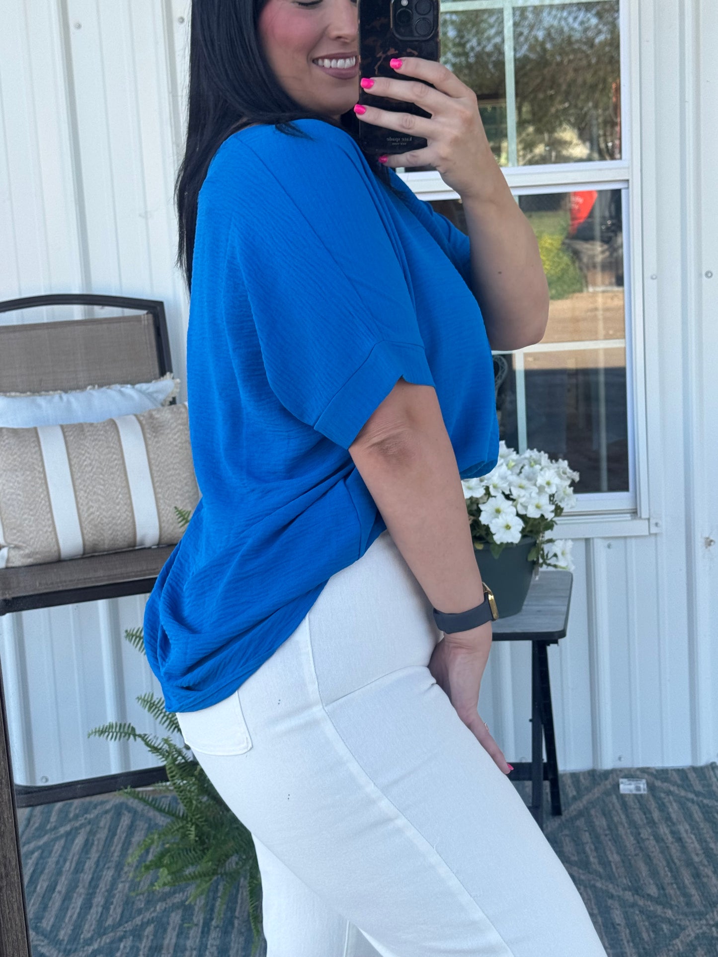 Woven Airflow V-Neck Top - Cobalt