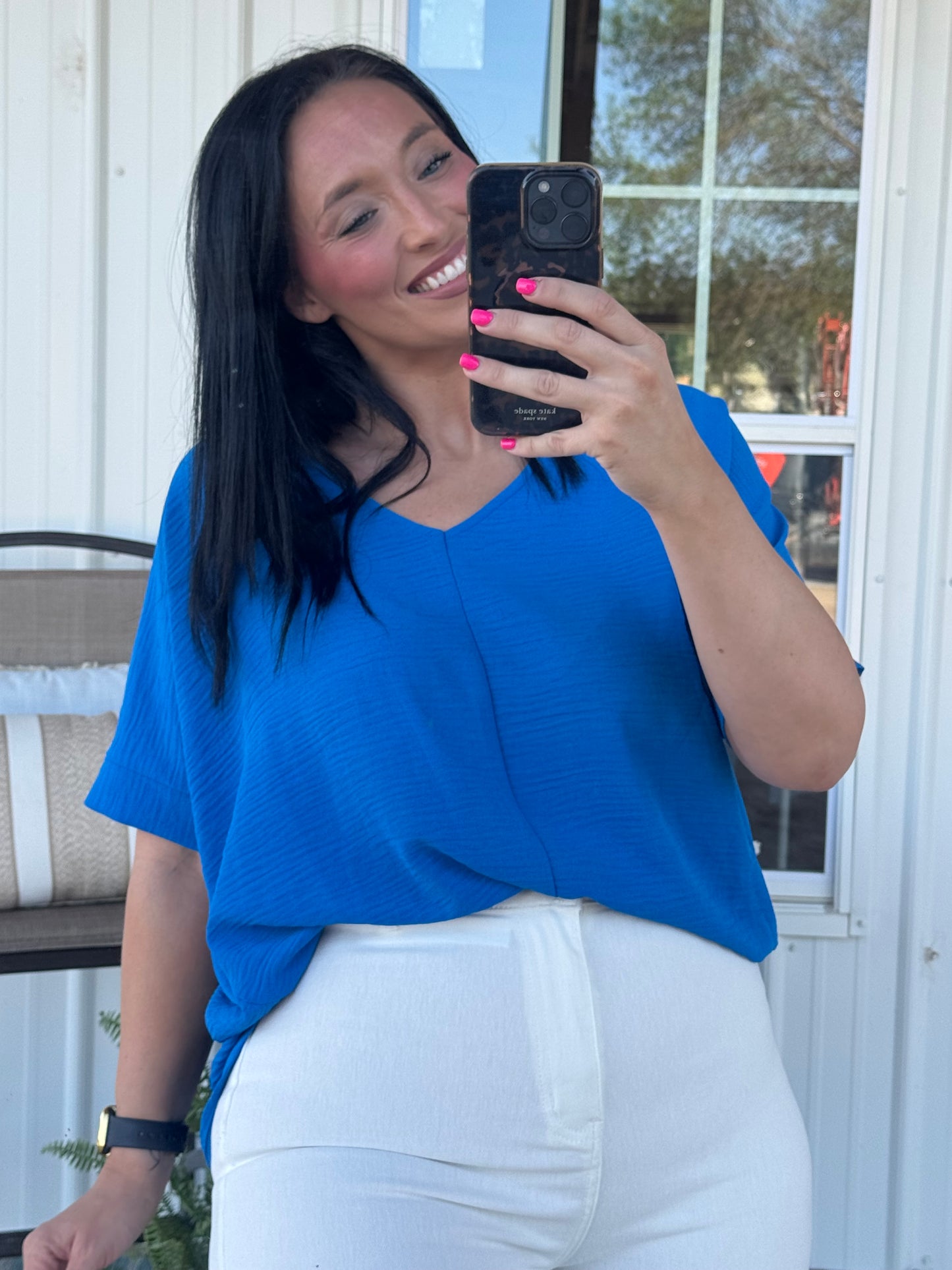 Woven Airflow V-Neck Top - Cobalt