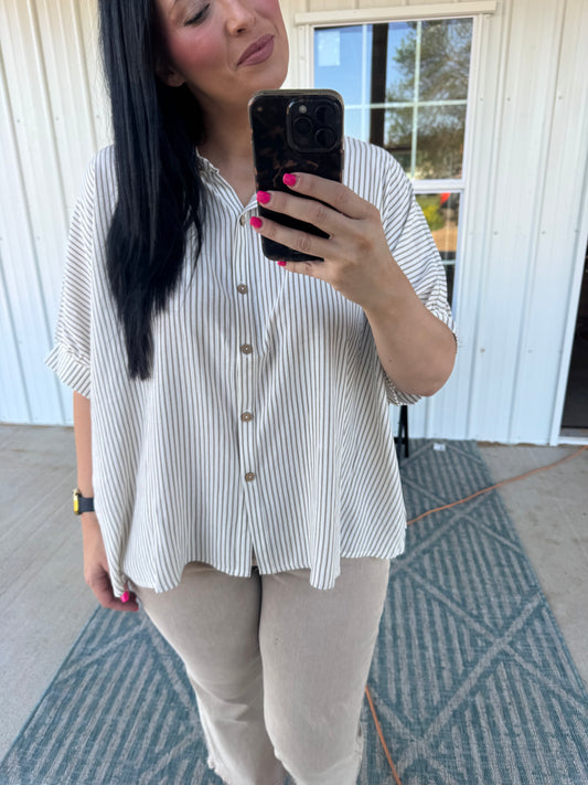 Desert Striped Button Boxy Top - Khaki